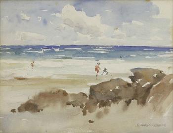 Figures on a beach, rocks in the foreground by 
																			Norman Macgeorge
