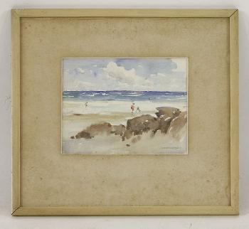Figures on a beach, rocks in the foreground by 
																			Norman Macgeorge