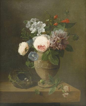 Still life of a vase of flowers and a bird's nest on a stone ledge by 
																			Elke Jelles Eelkema