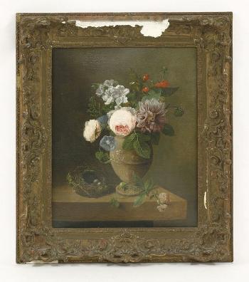 Still life of a vase of flowers and a bird's nest on a stone ledge by 
																			Elke Jelles Eelkema