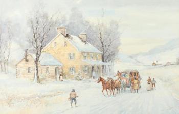 Arriving stagecoach by 
																			Joseph C Claghorn