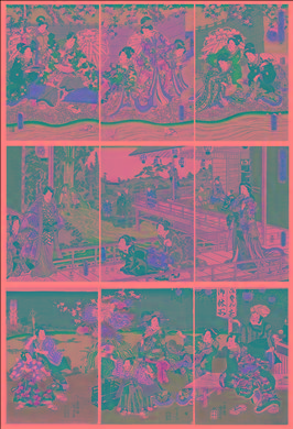 Three Triptychs Depectiong Prince Genji by 
																	Utagawa Kunisada