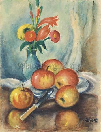 Stilleben mit Äpfeln und Blumenstrauß by 
																	August Kallert