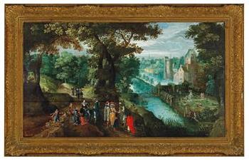 An elegant party in a river landscape by 
																			Gillis Coninxloo