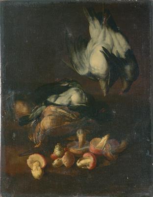 Hunting still life with game, artichoke, pumpkin and eggplants; Hunting still life with game, birds and mushrooms by 
																			 Italian-Flemish School