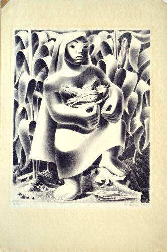 Woman harvesting corn by 
																			Emilio Amero