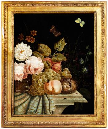 Stillleben mit Blumen, Früchten sowie Vogelnest und Insekten by 
																			Georg Kneipp