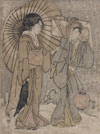 Jeune femme sous son ombrelle dans un paysage de neige accompagnée de son colporteur portant un paquet et une lanterne by 
																	 Banki
