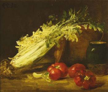 Céleri et tomates sur un entablement by 
																	Alfred Rouby