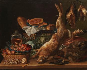 Küchenstillleben mit Hase, Wildschweinkopf, Vögeln sowie Gemüse und Früchten by 
																	Anton Friedrich Harms