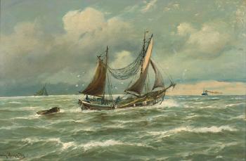Fischerboot auf bewegter See by 
																	Wilhelm Hanken