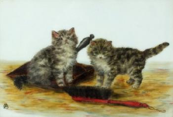 Kittens in a Basket Playing with Wool; Kittens in a Dust Pan by 
																	Bessie Bamber