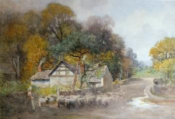 Sheep Beside Cottages on a Country Lane by 
																	Arthur Netherwood