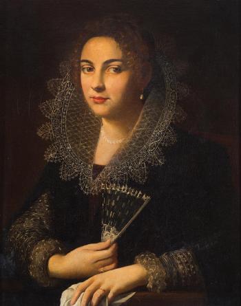 Ritratto di dama a mezzo busto con ventaglio by 
																	Scipione Pulzone