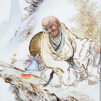 Zhong Kui, the Demon Queller. Arhat Ajita sitting upon a cliff ledge. A beauty gazing at her refection as a tiger. A  bearded man with his arms in an embracing gesture toward a crane flying above by 
																			 Wang Qi