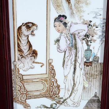 Zhong Kui, the Demon Queller. Arhat Ajita sitting upon a cliff ledge. A beauty gazing at her refection as a tiger. A  bearded man with his arms in an embracing gesture toward a crane flying above by 
																			 Wang Qi