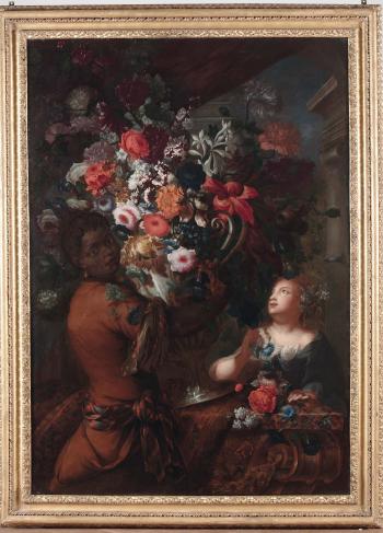 Trofeo di fiori in un vaso d’argento sorretto da un servo moro e una fanciulla by 
																			Karel van Vogelaer
