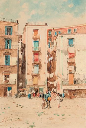 Centro storico di Napoli con figure by 
																	Giuseppe Laezza