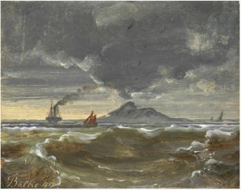 Dampbåt og seilskip utenfor kysten by 
																	Peder Balke