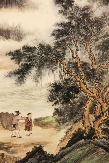 Mountain landscape with two figures on path by 
																			 Wang Xizhao