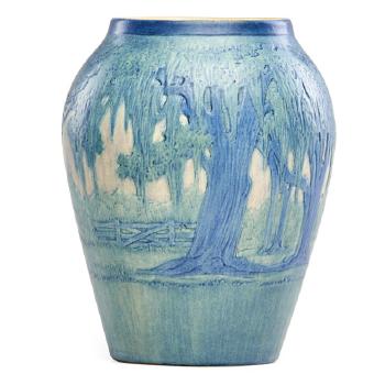 Large scenic vase with live oaks, Spanish moss, and fence by 
																			Anna Frances Connor Simpson