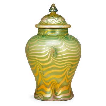 Large lidded gold and green vase by 
																			 Durand Co