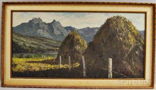 Mountain Landscape with Foreground Haystacks by 
																	Segunda Huertas-Aguiar