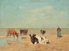 Vachère et son troupeau au bord de mer by 
																	Emile van Damme-Sylva