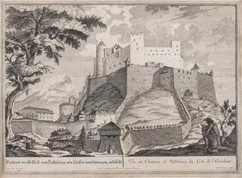 Prospect des Schloß (Festung) von Saltzburg ... von Westen mit der Sitzfigur des Künstlers by 
																			Franz Anton Danreiter