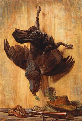 Hunting still life with Capercaillie, shotgun and hunter’s hat by 
																			Kazimierz Pochvalski