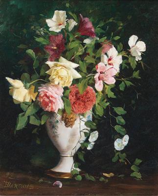 Roses, Carnations, Hibiscus in a porcelain vase by 
																			H Darbois