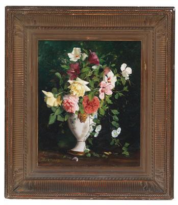 Roses, Carnations, Hibiscus in a porcelain vase by 
																			H Darbois