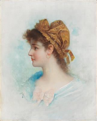 Portrait of a lady with gold bonnet by 
																			J Kahrer