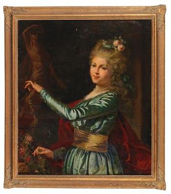 Portrait of a young lady decorating a statue with flowers by 
																			Louis Francois Gerard van der Puyl