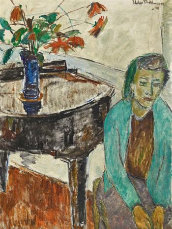 Interieur mit einer Dame am Klavier by 
																	Helge Dahlman