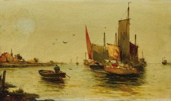 Küstenpartie mit Segelschiffen by 
																	Johann Wagner-Deines