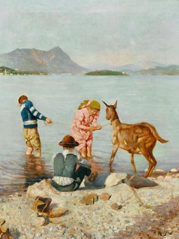Kinder mit Ziege am Sommerlichen Seeufer by 
																	Alfonso Muzii