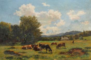Weidende Kühe by 
																	Fritz Eduard Huguenin-Lassanguette