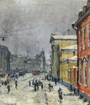 Die Moskauer Mokhovaya Strasse mit dem Kalinin-Museum im Winter by 
																			Boris Fedorovitch Rybchenkov