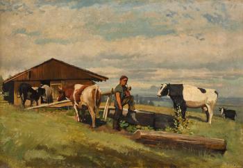 Senn mit Kühen vor dem Stall by 
																	Albert Lugardon