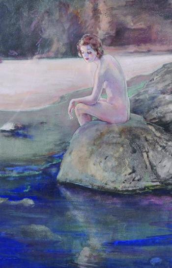 A beach scene with a naked lady, seated on the rocks by 
																			Margaret Dovaston