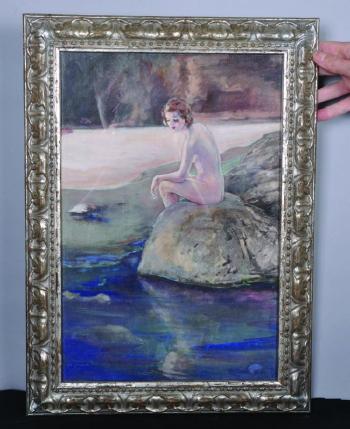 A beach scene with a naked lady, seated on the rocks by 
																			Margaret Dovaston