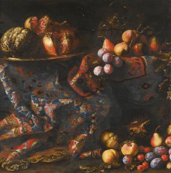 Still Life of Pomegranates, Peaches, Apples and Other Fruit Displayed on a Draped Carpet by 
																	Francesco Noletti