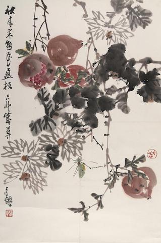 Pomegranates, chrysanthemums and grasshopper by 
																	 Zhang Jixin