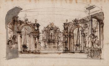 Stage design, or Capriccio, looking towards a temple by 
																	Filippo Juvarra