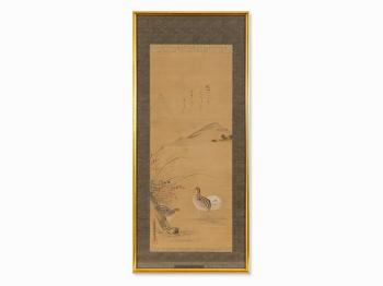 Quails in the autumn grasses with a mountain in the background by 
																			Tosa Mitsunari