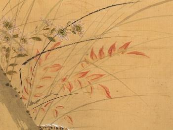 Quails in the autumn grasses with a mountain in the background by 
																			Tosa Mitsunari