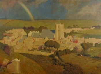 Corfe Castle village, from the Castle Hill by 
																			Philip Gregory Needell