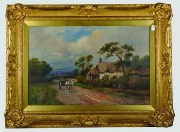 A Country Lane with a Horse and Cart, a Thatched Cottage Beyond by 
																			Walter Norfolk