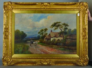A Country Lane with a Horse and Cart, a Thatched Cottage Beyond by 
																			Walter Norfolk